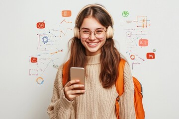 Cheerful young woman wearing headphones and an orange backpack smiles while looking at her smartphone in a lively setting with colorful graphics
