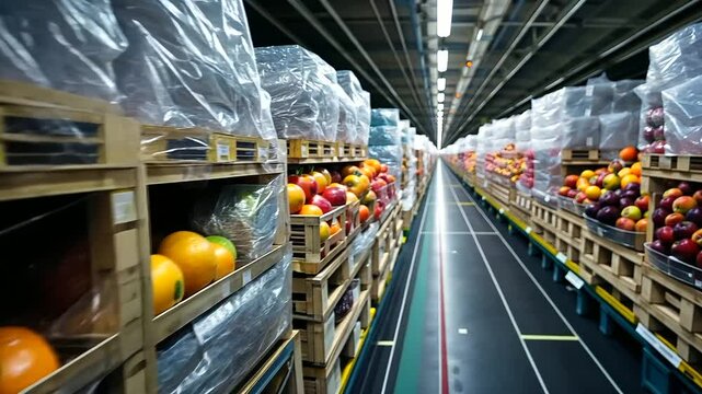 Pallets filled with mixed fruits like nectarines, grapes, and blueberries arranged in the cargo hold of a plane, representing careful perishable goods handling.