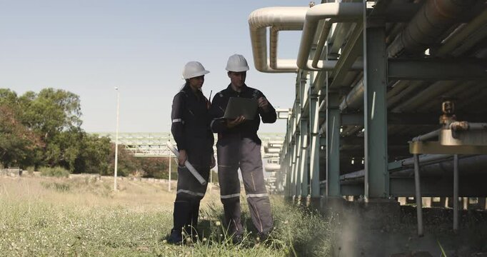 Two mechanical engineers performed detailed inspections and maintenance on a pipeline system that is meticulously designed for the transportation of oil, natural gas, and fuel within an industrial fac
