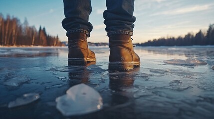 A person wearing boots stands on a cold lake, the sky reflecting in the water, a low angle view of feet and jeans, trees in the background, slightly melted broken ice, calm, the tranquility of nature.