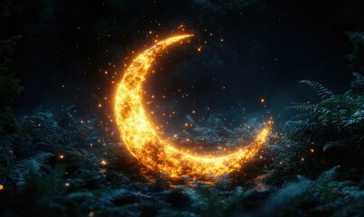 Fototapeta premium Fiery crescent moon at night, glowing particles, dark forest background, vibrant colors