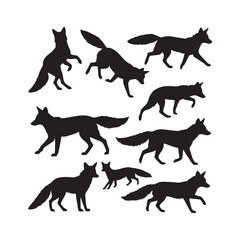 A collection of black fox silhouettes in various poses and stances, set against a plain white background