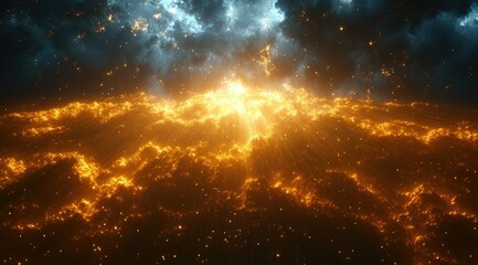 Abstract digital landscape, glowing fiery orange and yellow particles,  against a dark cosmic background with  streaks of light blue.  Detailed patterns of glowing particles form a textured surface