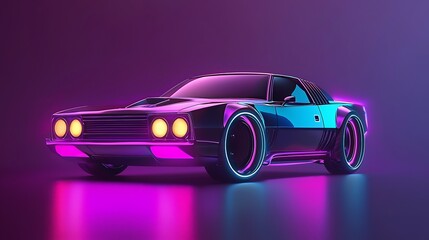 Retro Futuristic Car with Neon Lights and Gradient Background Design