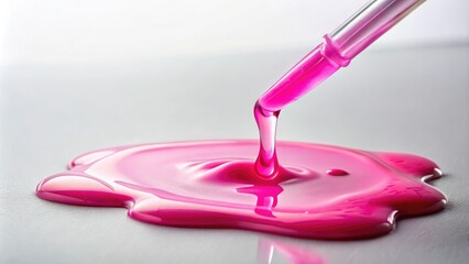A pink liquid drips from the tip of a pipette, creating a trail of gooey slime on a white surface, medical accident, laboratory mishap, biohazardous material