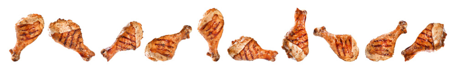 Grilled chicken legs, drumsticks isolated on a transparent background, Grilled chicken legs, drumsticks isolated on white background. PNG file