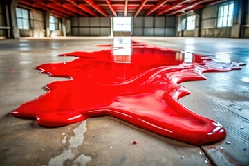A pool of bright red slime sits on a concrete floor, ugly, red, sticky, dirty