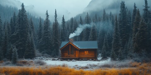 Cozy wooden cabin emitting smoke in a snowy forest landscape in canada