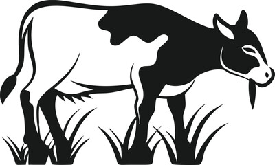 A simple, stylized silhouette of a cow with black and white markings, grazing in a grassy field.