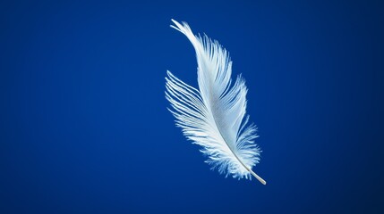 Obraz premium A delicate white feather floating effortlessly against a vibrant blue sky with soft clouds, symbolizing lightness, freedom, and serenity