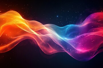 Fototapeta premium Colorful light waves in orange, blue, and pink dance against a deep black backdrop, evoking energy and movement