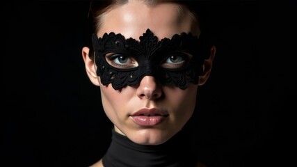 Close up portrait of a woman in a black mask.