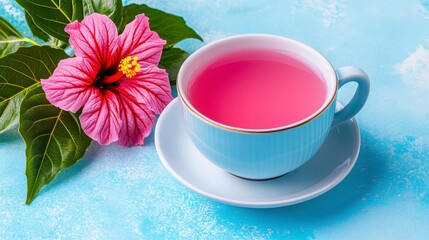 Pink Hibiscus Tea with Flower on Blue Textured Background