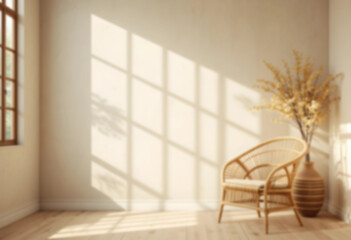 Fototapeta premium Blurred beige wall in a boho room with a wicker armchair and vase. Natural daylight from a window creates a warm, softly blurred promotion background.