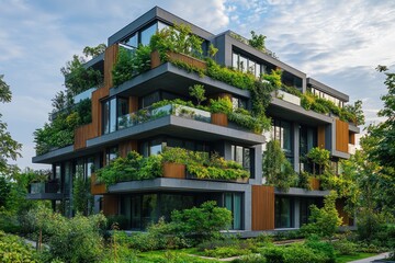Obraz premium Contemporary apartment structure adorned with vibrant plants and terraces, blending luxury living with nature in an urban environment