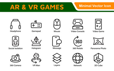 AR VR Games Icons Collection. Vector-Based Icons for Virtual Reality, Augmented Reality, Gaming, and Immersive Tech