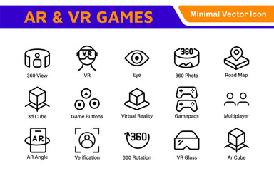 AR VR Games Icons Collection. Vector-Based Icons for Virtual Reality, Augmented Reality, Gaming, and Immersive Tech