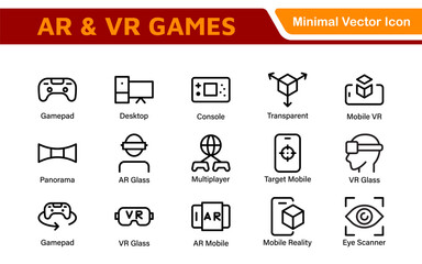 AR VR Games Icons Collection. Vector-Based Icons for Virtual Reality, Augmented Reality, Gaming, and Immersive Tech