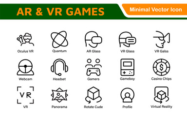 AR VR Games Icons Collection. Vector-Based Icons for Virtual Reality, Augmented Reality, Gaming, and Immersive Tech