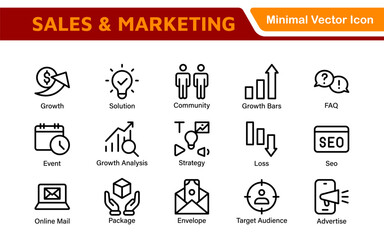 Sales and Marketing Icon Set. A dynamic collection of icons designed to enhance branding, promotions, and customer engagement, perfect for marketing materials and business applications.