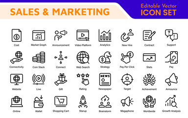 Sales and Marketing Icon Set. A dynamic collection of icons designed to enhance branding, promotions, and customer engagement, perfect for marketing materials and business applications.