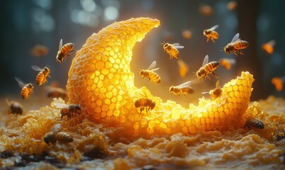 Honeycomb moon with bees, glowing golden honeycomb crescent shape, illuminated by light source, many flying bees around, dark background, nature theme, glowing effect, 3d render, honey,  bees, moon
