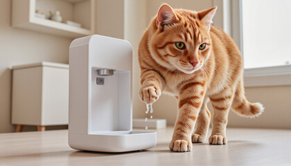 Curious orange tabby cat using a modern touch-free paw cleaning device in a stylish apartment