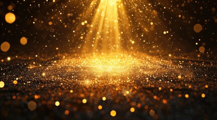 Gold glitter background with bright spotlight, sparkling particles, and dark background, perfect for festive, celebration, or glamorous themes