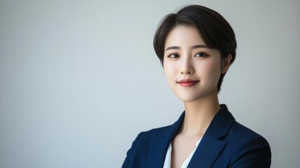 Elegant portrait of a confident 20 year old korean woman in a blue blazer with a radiant smile.
