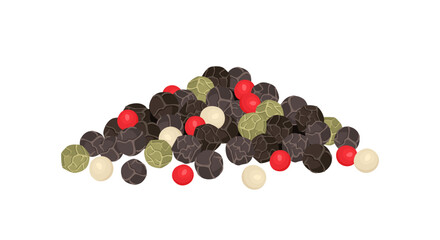 Mix of different peppers. Heap of black, red, green and white peppercorns isolated on white background. Vector cartoon flat illustration. Spicy spices icon.