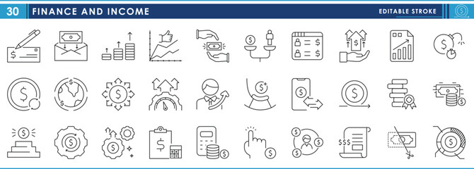 A set of line icons related to Finance and Income. Income, salary, money, dollar, finance, calculate, upgrade, graph, budget, and so on. Vector editable stroke.