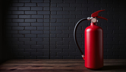 Red fire extinguisher against dark brick wall, emphasizing fire safety awareness