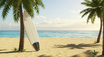 Surfboard leaning against palm tree on sunny tropical beach