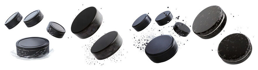 Floating Sports Pucks in Various Textures and Designs Displayed Freely, PNG bundle collection, Isolated on Transparent Background