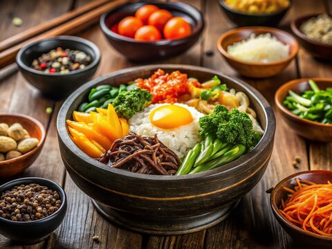 Delicious Korean Bibimbap with Panchan Side Dishes - Low Light Photography