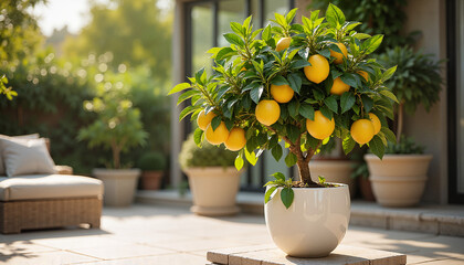 Potted lemon tree with ripe fruits on a terrace, citrus cultivation for gardening websites, blogs
