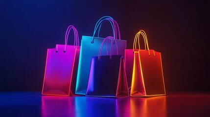 Neon Shopping: Shopping bags radiate with a luminous glow, creating a striking visual narrative. The vibrant colors evoke a sense of excitement and modern retail.