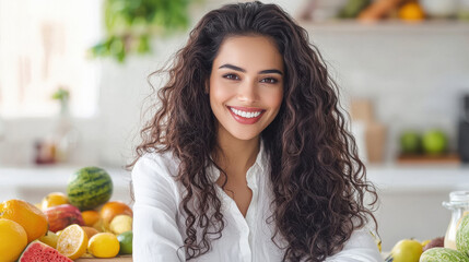 Obraz premium young indian woman sitting with fruits at kitchen