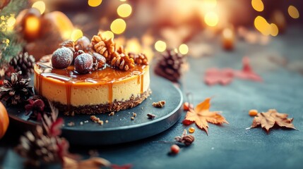 Delicious Autumn Dessert with Caramel and Nuts on a Decorative Table