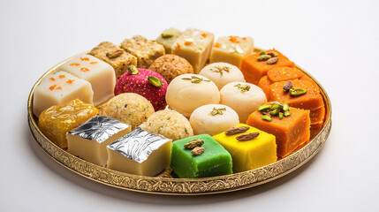 beautifully arranged platter of traditional Indian sweets