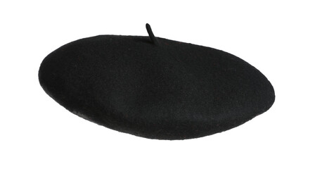 Stylish black beret in air isolated on white