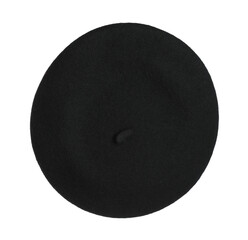 Stylish black beret isolated on white, top view