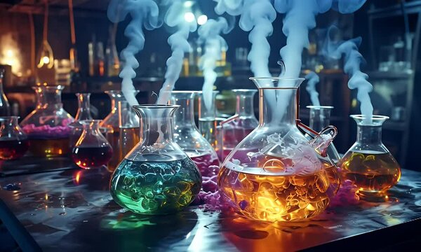 Lab Alchemy Colorful potions steaming in dark lab