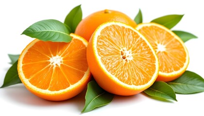 Vibrant orange slices, Juicy citrus fruit, Green leaves, High resolution, Macro photography