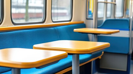 Fototapeta premium Cozy interior of a modern train carriage with blue seats and wooden tables