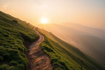 Winding dirt path on a green hillside at sunrise