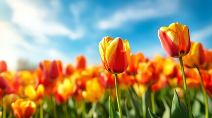 A vibrant tulip field in full bloom, stretching endlessly under a bright blue sky.