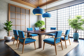 Minimalist Japanese Living Room, Blue Dining Table, Stylish Chairs