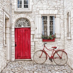 Red Bicycle and Door in a Charming Stone Courtyard