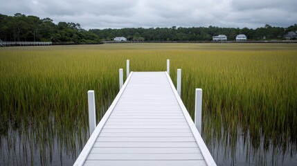 Fototapeta premium Serene Wooden Dock Leading Over Calm Waters to Lush Green Marsh Grassland